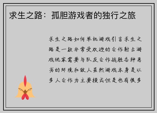 求生之路：孤胆游戏者的独行之旅