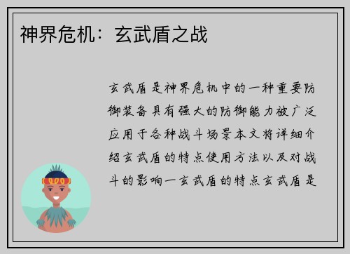 神界危机：玄武盾之战